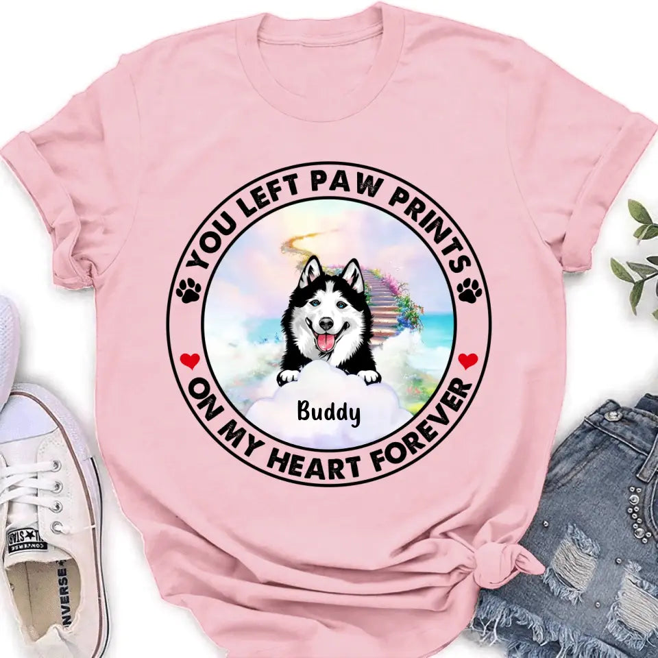 Personalized Pet Shirt/Hoodie - Up to 2 Dogs/Cats - Memorial Gift Idea for Dog/Cat Owners - You Left Paw Prints On My Heart Forever