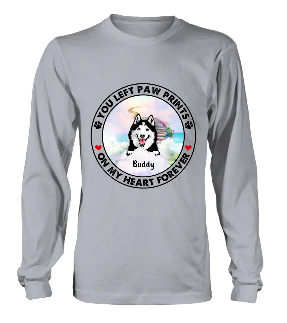 Personalized Pet Shirt/Hoodie - Up to 2 Dogs/Cats - Memorial Gift Idea for Dog/Cat Owners - You Left Paw Prints On My Heart Forever
