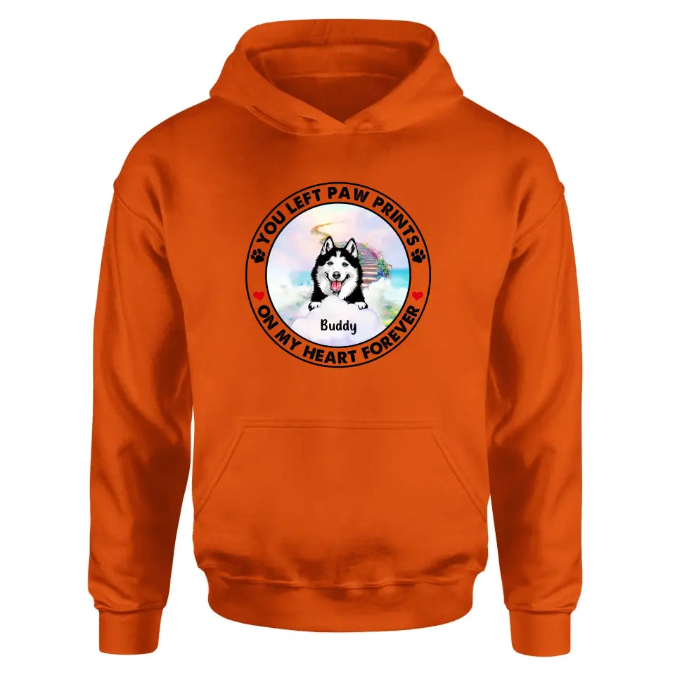 Personalized Pet Shirt/Hoodie - Up to 2 Dogs/Cats - Memorial Gift Idea for Dog/Cat Owners - You Left Paw Prints On My Heart Forever