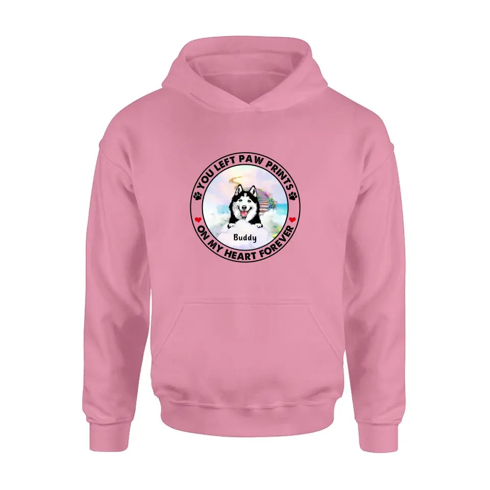 Personalized Pet Shirt/Hoodie - Up to 2 Dogs/Cats - Memorial Gift Idea for Dog/Cat Owners - You Left Paw Prints On My Heart Forever