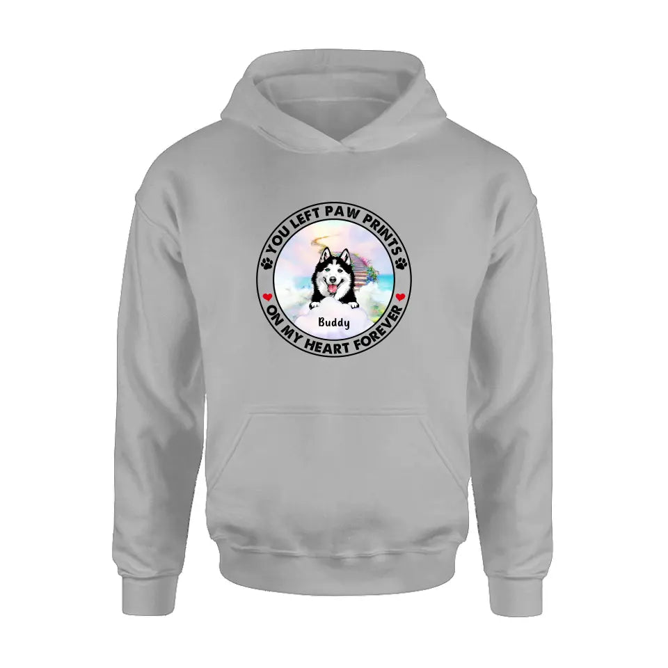Personalized Pet Shirt/Hoodie - Up to 2 Dogs/Cats - Memorial Gift Idea for Dog/Cat Owners - You Left Paw Prints On My Heart Forever