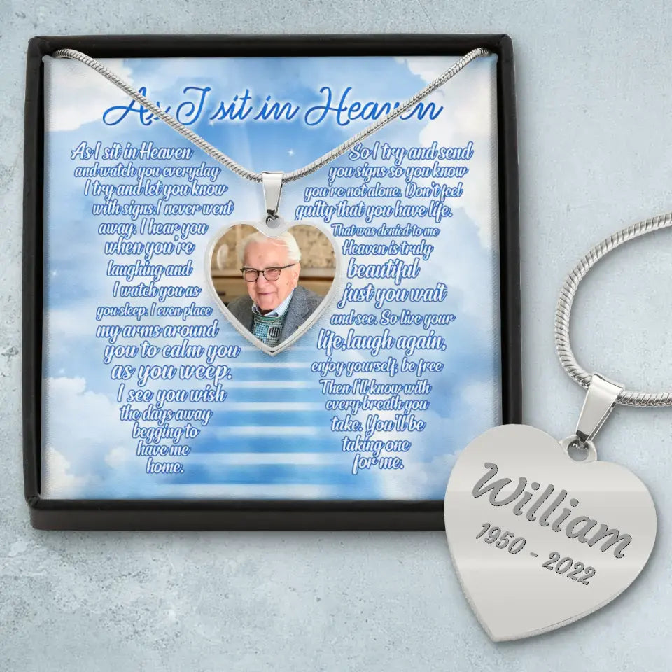 Personalized Memorial Photo Heart Necklace With Message Card - Memorial Gift Idea For Father's Day - As I Sit In Heaven