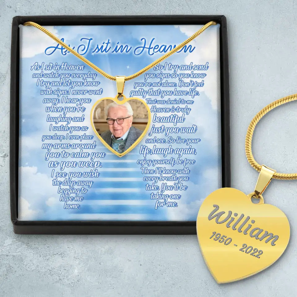 Personalized Memorial Photo Heart Necklace With Message Card - Memorial Gift Idea For Father's Day - As I Sit In Heaven
