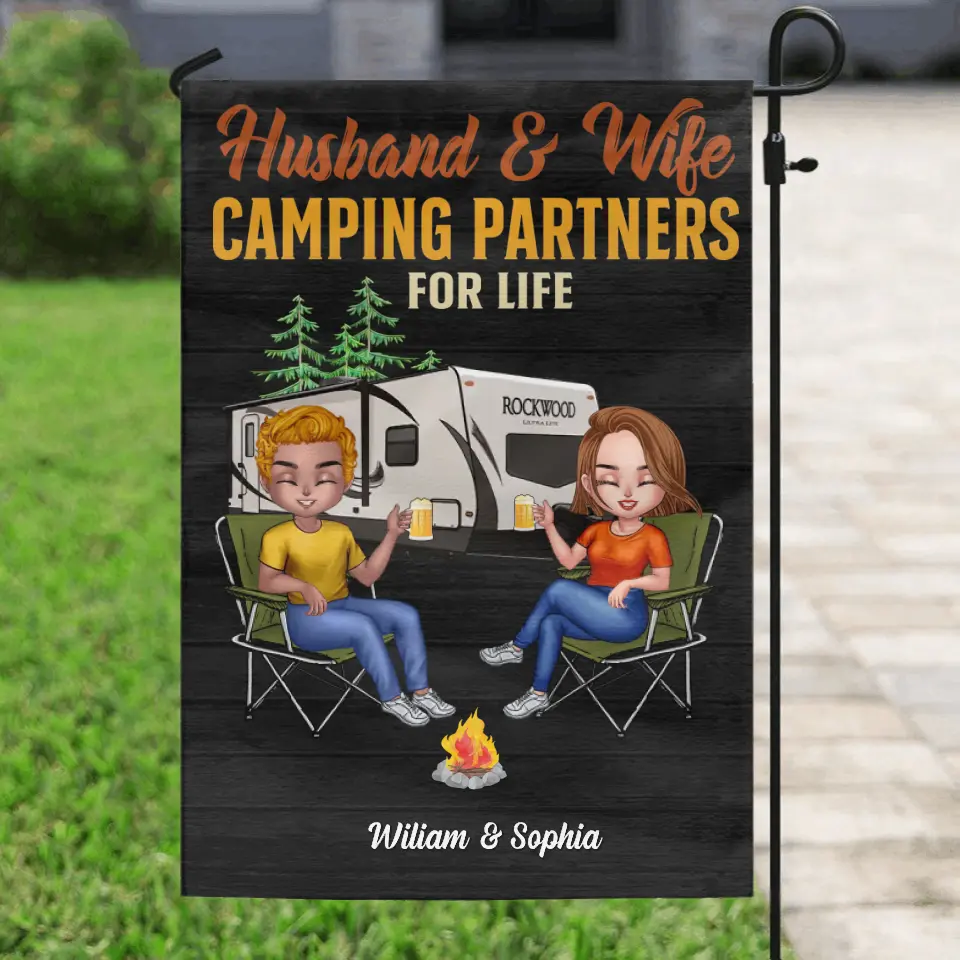 Personalized Couple Camping Flag Sign - Gift Idea For Couple/Camping Lover/The Retired - Husband & Wife Camping Partner For Life
