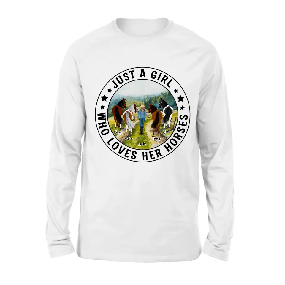 Personalized Horse Girl Shirt - Up to 4 Horses - Gift For Horse Lover - Just A Girl Who Loves Her Horses