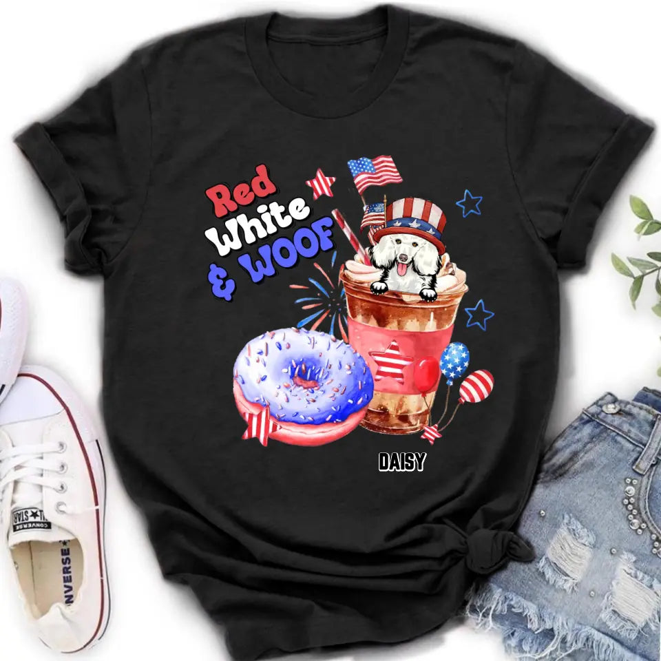 Personalized Dog Shirt/Hoodie - Up to 4 Dogs - Father's/Mother's Day/Independence Day Gift Idea For Dog Lovers - Red White & Woof