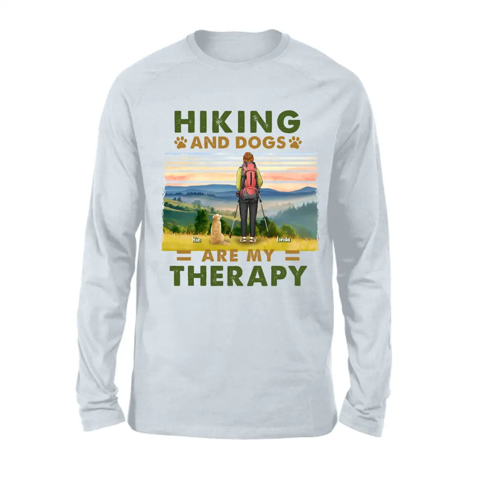 Personalized Solo Hiking With Dogs Shirt - Woman/Man With Up to 4 Dogs - Gift Idea For Hiking Lovers - Hiking And Dogs Are My Therapy