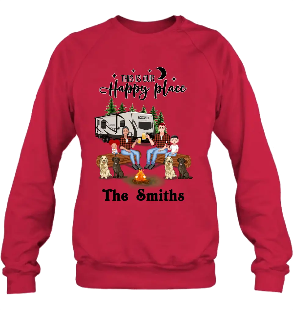 Personalized Camping Family Unisex T-shirt/ Hoodie/ Long Sleeve/ Sweatshirt - Gift Idea For Family with up to 2 Kids and 4 Dogs - This Is Our Happy Place