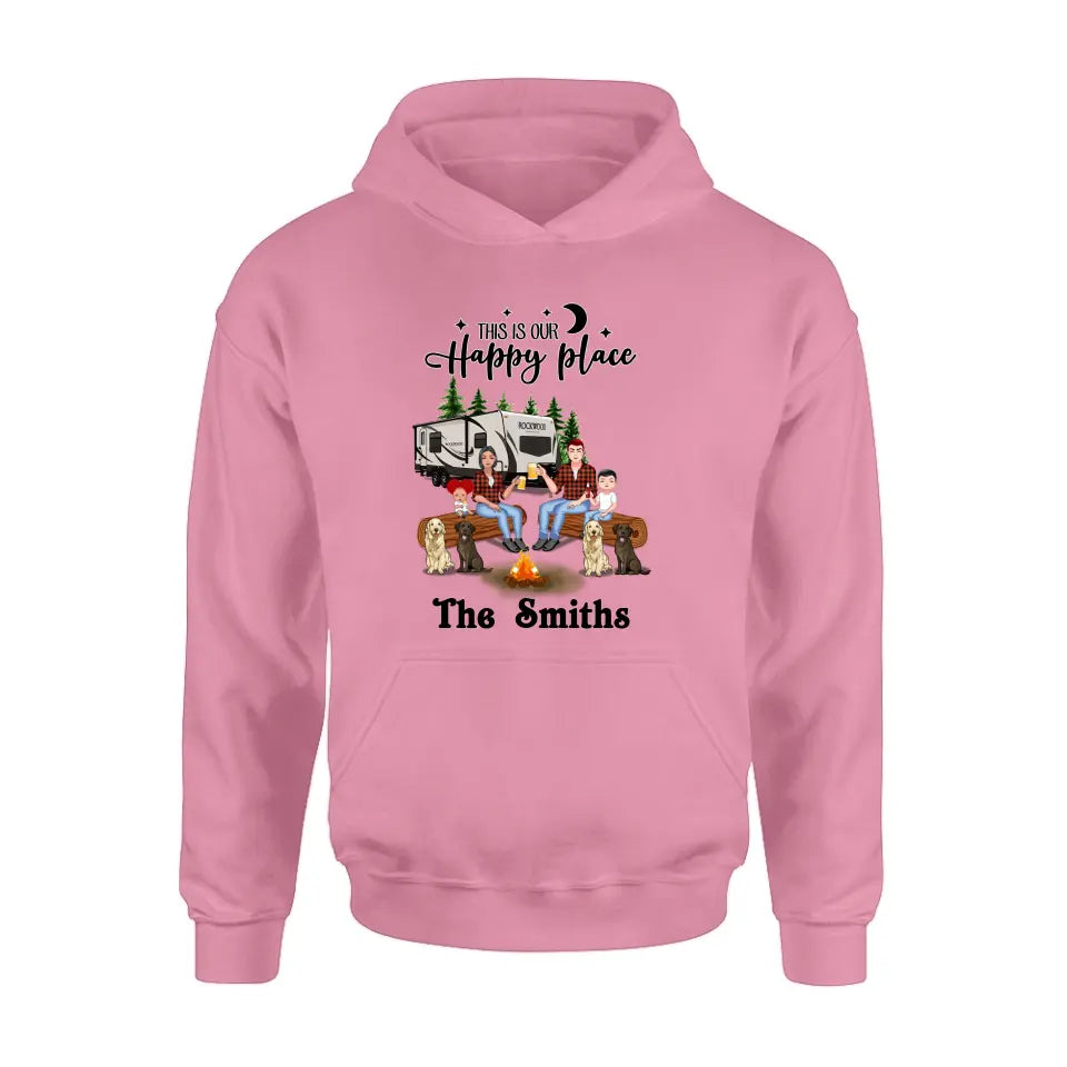 Personalized Camping Family Unisex T-shirt/ Hoodie/ Long Sleeve/ Sweatshirt - Gift Idea For Family with up to 2 Kids and 4 Dogs - This Is Our Happy Place