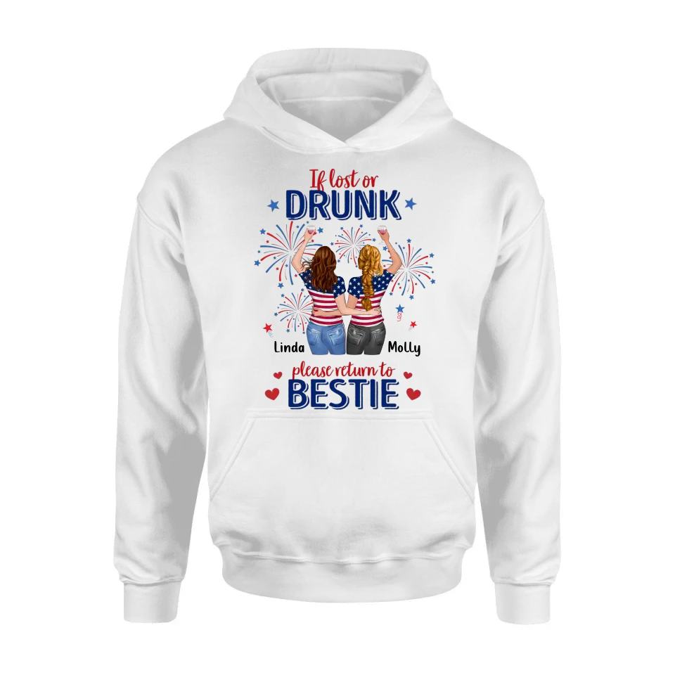Personalized Friend's 4th Of July T-Shirt/Long Sleeve/Sweatshirt/Hoodie - Gift Idea For Friends/Besties/Sister On Independence Day - Up to 4 Girls - If Lost Or Drunk Please Return To Bestie