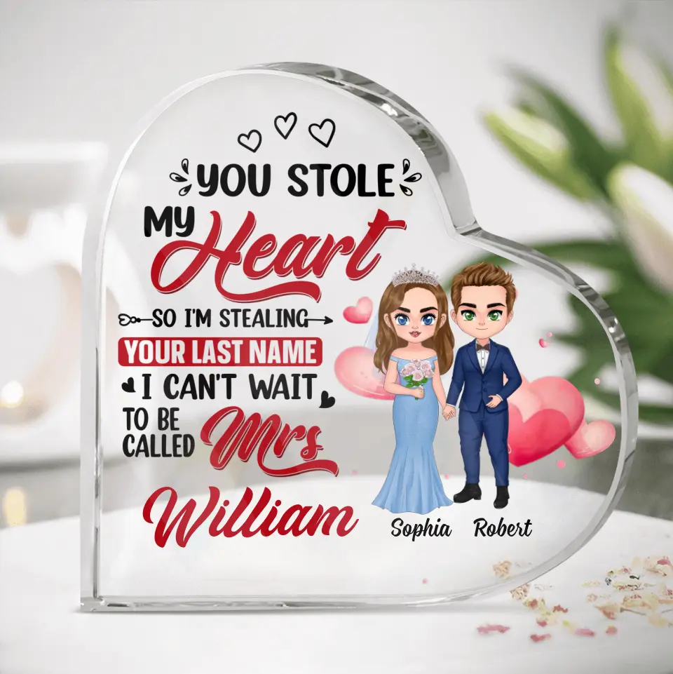 Personalized Wedding Couple Crystal Heart - Gift Idea For Couple/Wedding Anniversary - You Stole My Heart So I'm Stealing Your Last Name