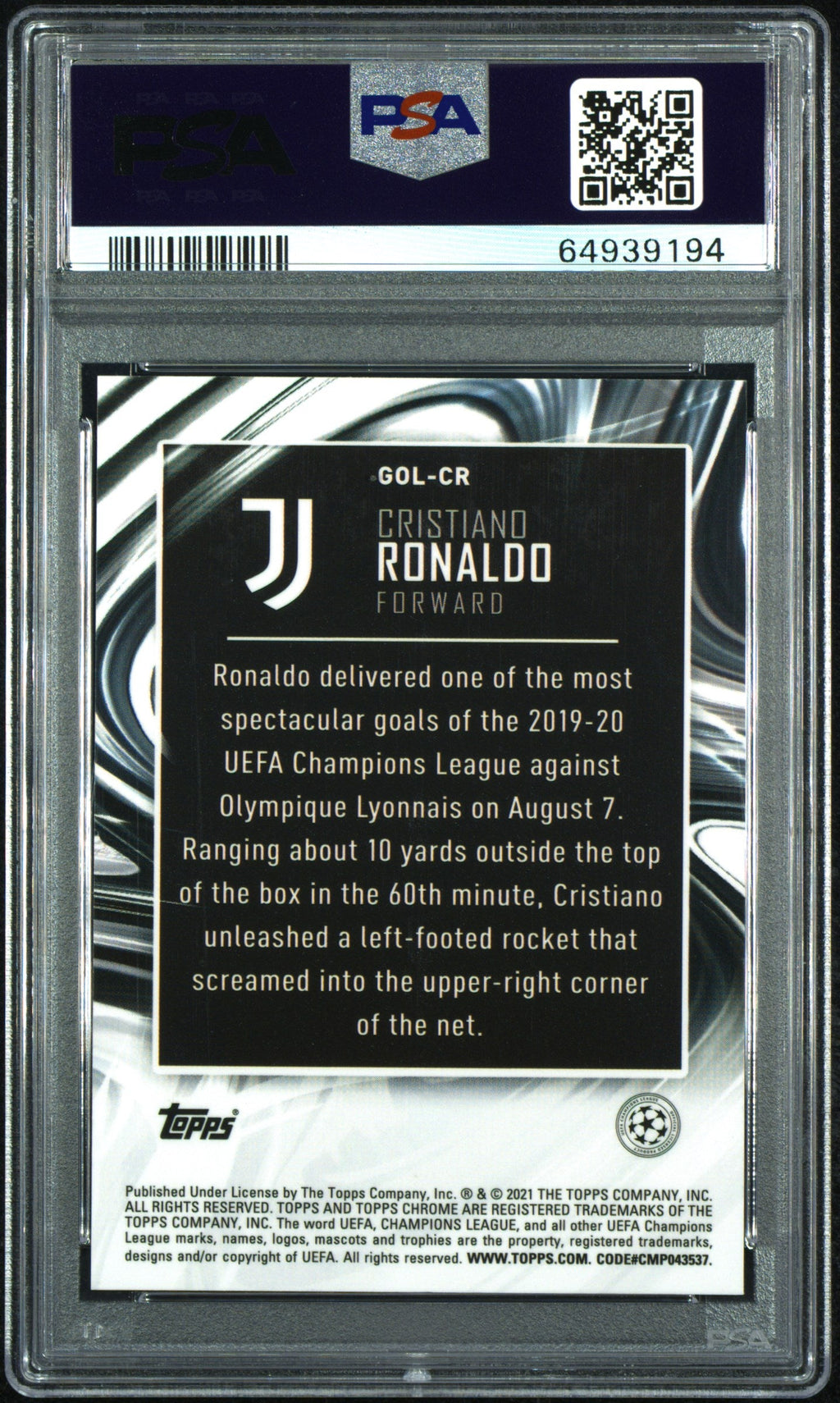 Graded 2020 Topps Chrome UCL Cristiano Ronaldo #GOLCR Golazo UEFA Champions League Soccer Card PSA 10 Gem Mint