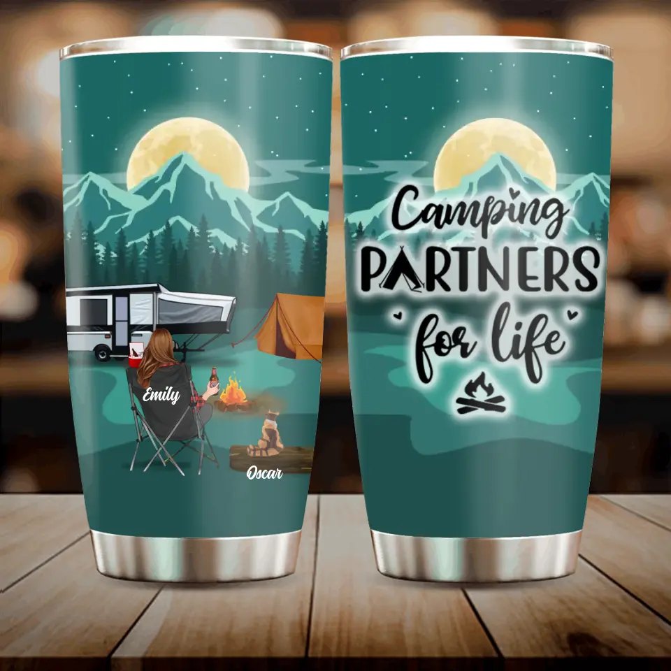 Personalized Night Camping Tumbler - Man/Woman/Couple/Parents With Up to 2 Kids And 4 Pets - Gift For Camping Lover - Camping Partners For Life
