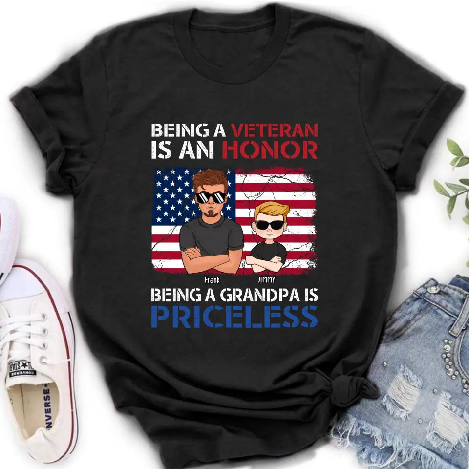Personalized Veteran Shirt - Up to 4 Grandkids - Gift Idea for Grandpa/Veteran - Being A Veteran Is An Honor Being A Grandpa Is Priceless