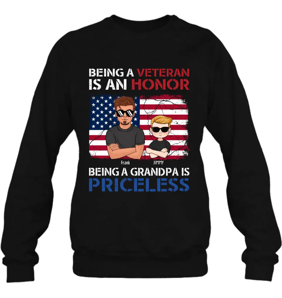 Personalized Veteran Shirt - Up to 4 Grandkids - Gift Idea for Grandpa/Veteran - Being A Veteran Is An Honor Being A Grandpa Is Priceless