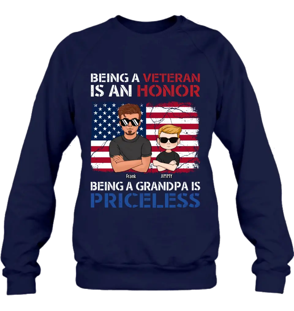 Personalized Veteran Shirt - Up to 4 Grandkids - Gift Idea for Grandpa/Veteran - Being A Veteran Is An Honor Being A Grandpa Is Priceless