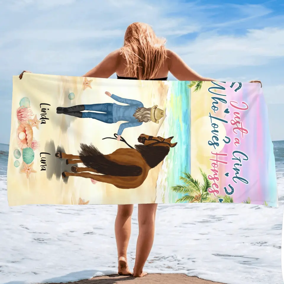 Personalized Horse Girl Summer Vibe Beach Towel - Up to 6 Horses - Best Gift For Horse Lover - Just A Girl Who Loves Horses