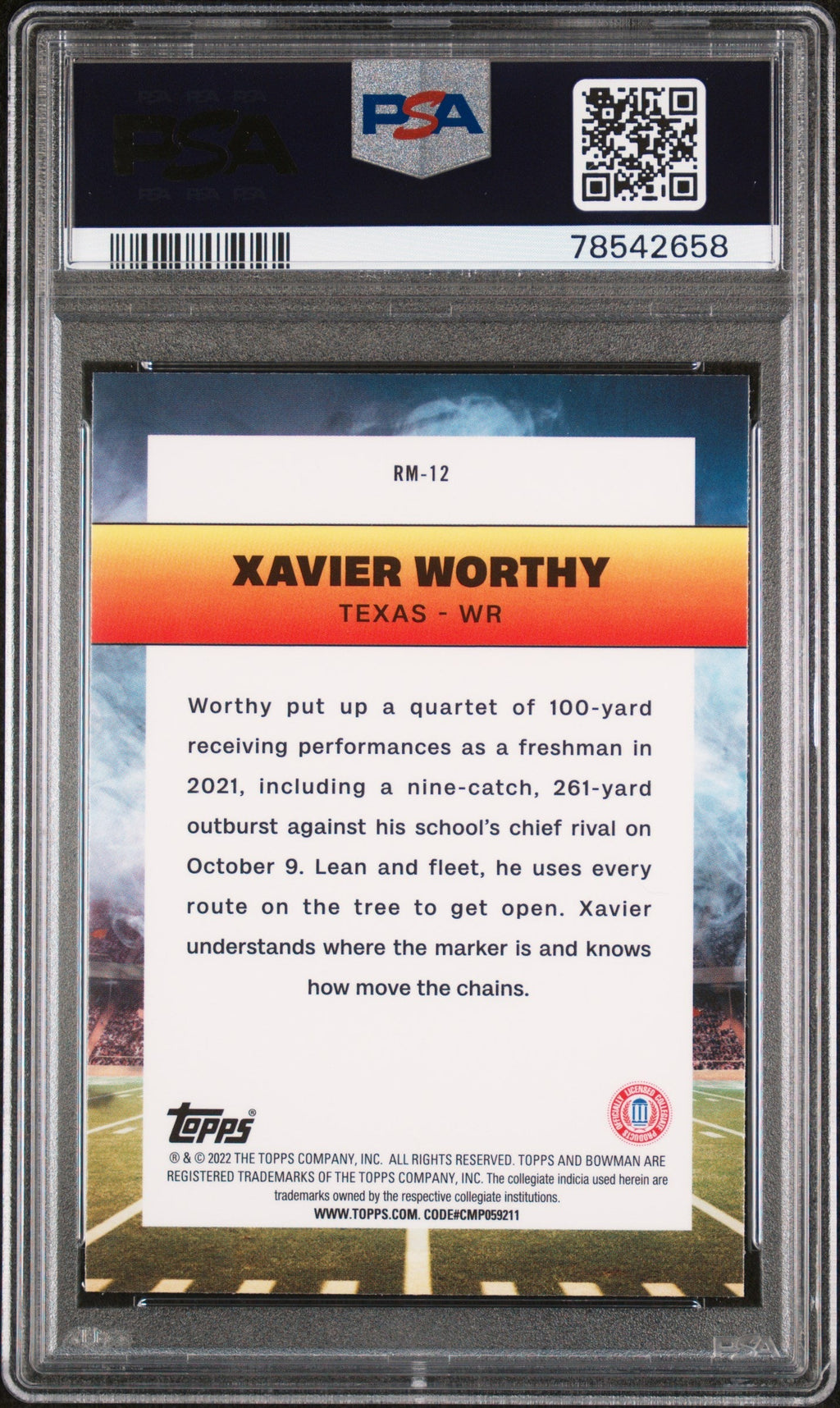 Graded 2022 Topps Bowman University Xavier Worthy #RM12 Ramblin Man Rookie RC Football Card PSA 10 Gem Mint