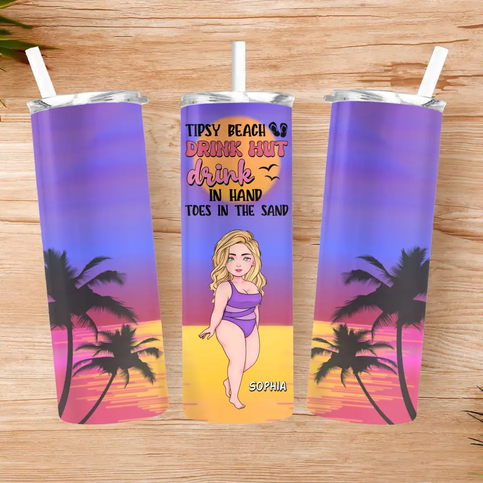 Personalized Summer Girl Skinny Tumbler - Gift Idea For Besties/Friends/Summer Vacation - Tipsy Beach Drink Hut Drink In Hand Toes In The Sand