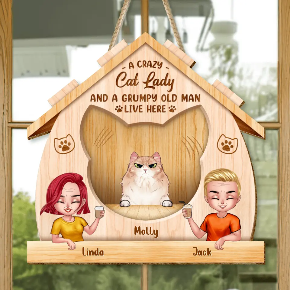 Personalized Cat Lady Wooden Sign - Up to 6 Cats - Gift Idea For Couple/Cat Lovers - A Crazy Cat Lady And A Grumpy Old Man Live Here