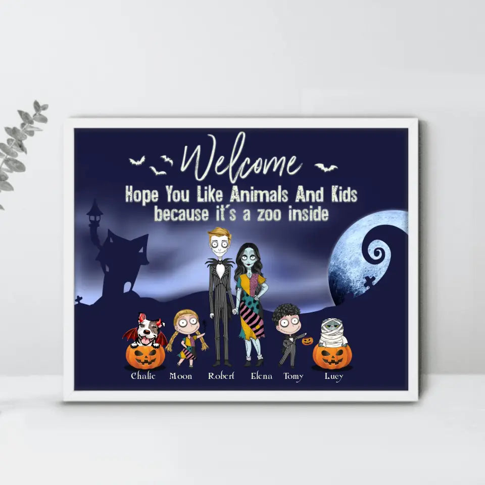 Personalized Horror Family Poster - Couple With Up to 2 Kids And 3 Pets - Gift Idea For Family/Dog/Cat Lover - Welcome Hope You Like Animals And Kids