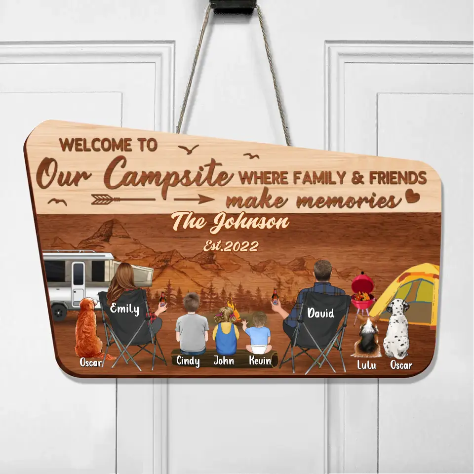Personalized Camping Family Wooden Sign - Parents/Couple/Single Parent With Up to 3 Kids And 3 Pets - Gift Idea For Family/Camping/Dog/Cat Lover - Welcome To Our Campsite