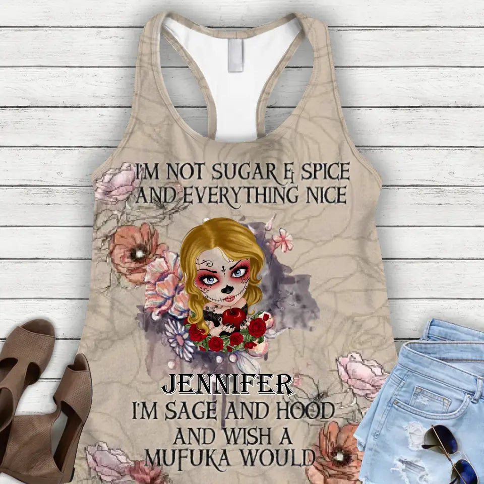 Personalized Skull Girl AOP Women's Racerback Tank Top - Gift Idea For Halloween/ Friend - I'm Not Sugar and Spice And Everything Nice