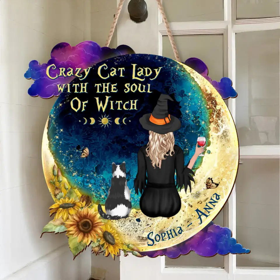 Personalized Cat Witch Wooden Sign - Gift Idea For Witch/Cat Lover - Up to 4 Cats - Crazy Cat Lady With The Soul Of Witch