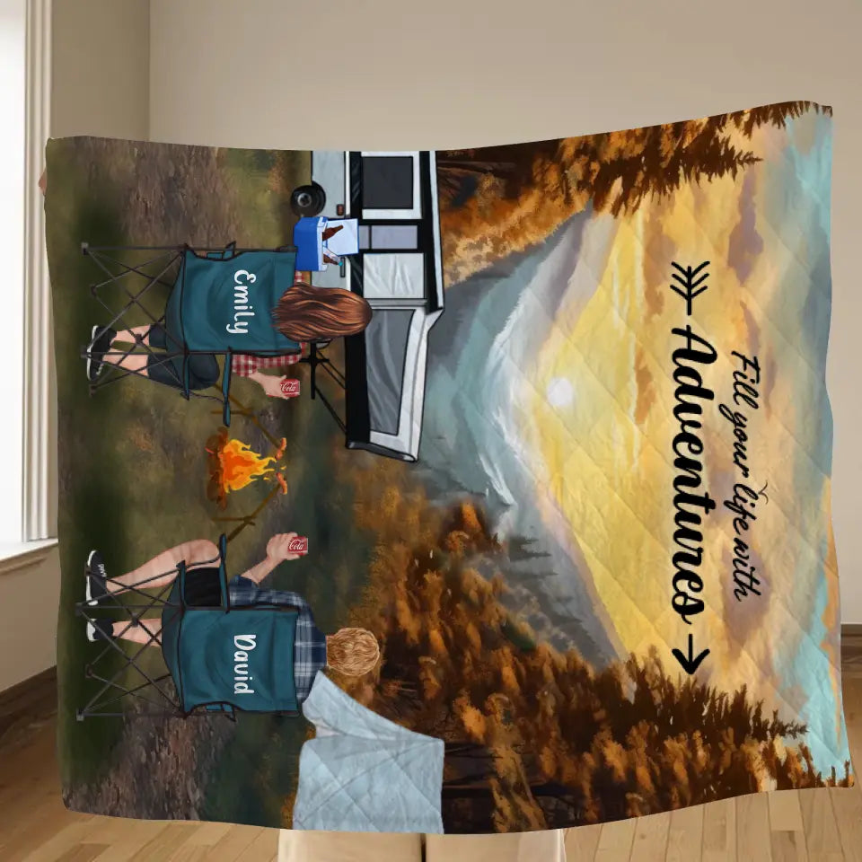 Personalized Smoky Mountain Camping Quilt/Fleece Throw Blanket - Gift Idea For Couple, Camping Lovers, Family - Up to 5 Kids, 4 Pets - Fill Your Life With Adventures