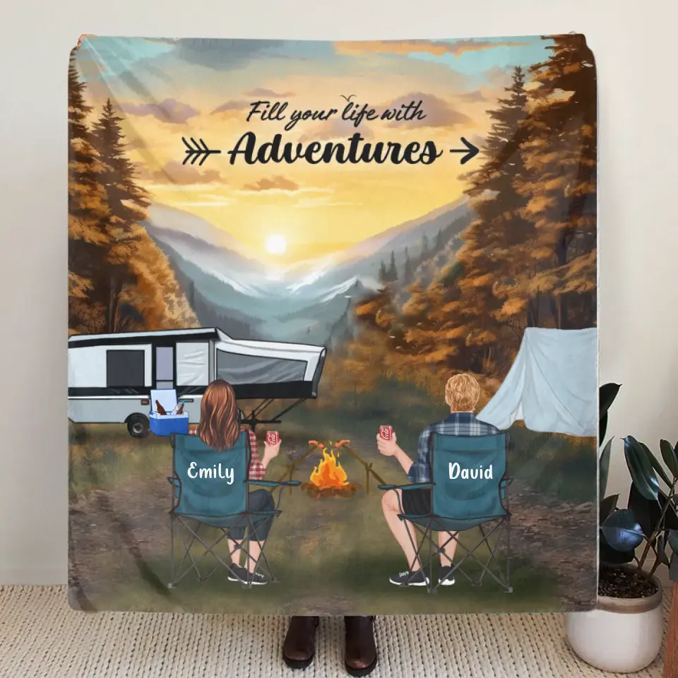 Personalized Smoky Mountain Camping Quilt/Fleece Throw Blanket - Gift Idea For Couple, Camping Lovers, Family - Up to 5 Kids, 4 Pets - Fill Your Life With Adventures