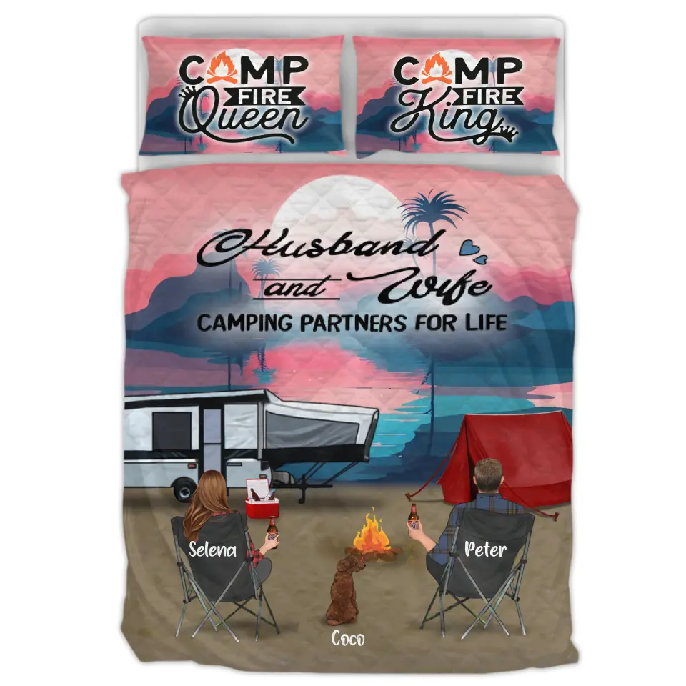 Personalized Camping Quilt Bed Sets - Single Parents/Couple With Up to 4 Kids And 4 Pets - Gift Idea For Camping Lovers - Husband And Wife Camping Partners For Life