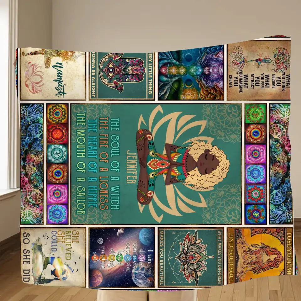 Personalized Yoga Quilt/Fleece Throw Blanket - The Soul Of A Witch, The Fire Of A Lioness - Gift Idea For Friend/Birthday/Yoga Lover