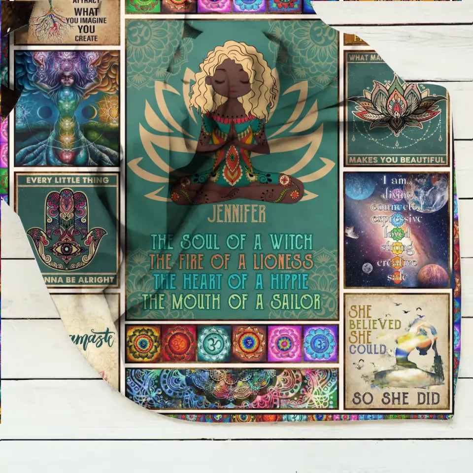 Personalized Yoga Quilt/Fleece Throw Blanket - The Soul Of A Witch, The Fire Of A Lioness - Gift Idea For Friend/Birthday/Yoga Lover