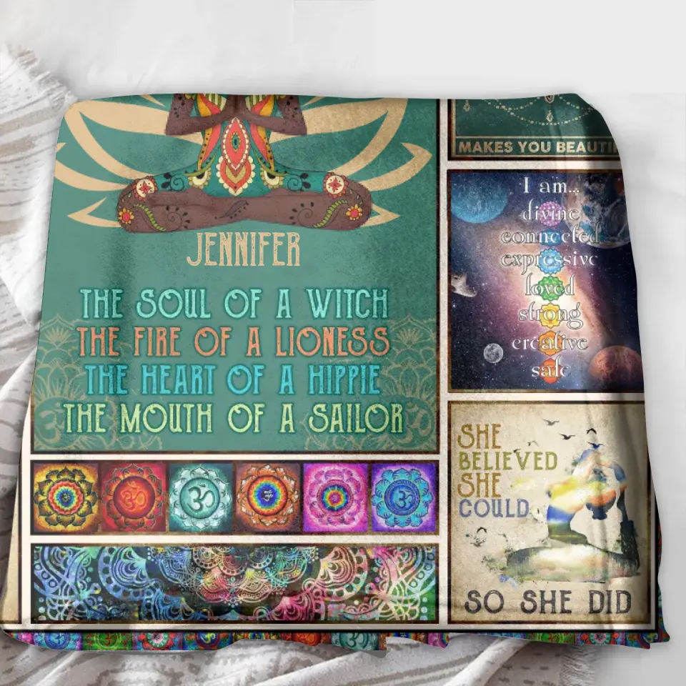 Personalized Yoga Quilt/Fleece Throw Blanket - The Soul Of A Witch, The Fire Of A Lioness - Gift Idea For Friend/Birthday/Yoga Lover