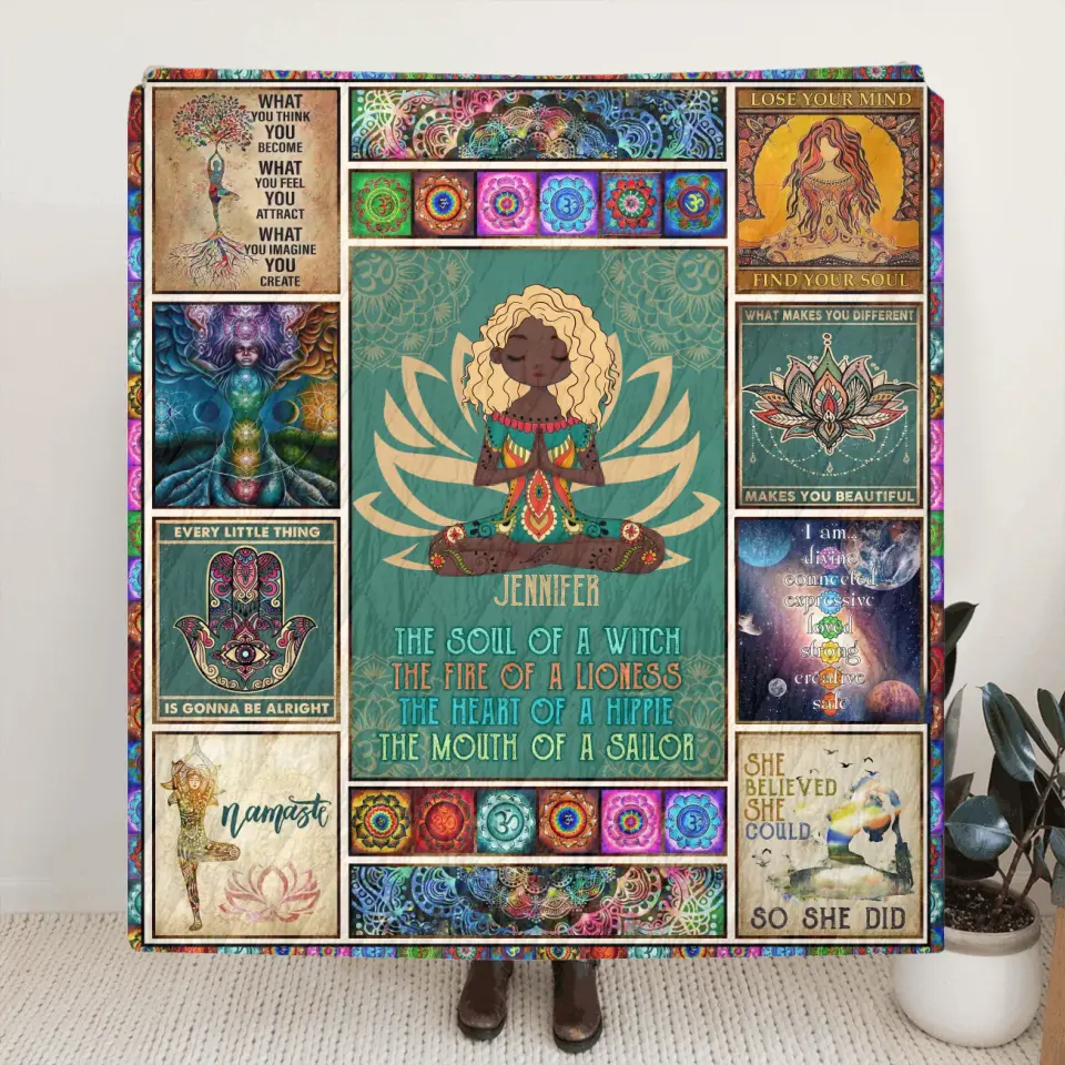 Personalized Yoga Quilt/Fleece Throw Blanket - The Soul Of A Witch, The Fire Of A Lioness - Gift Idea For Friend/Birthday/Yoga Lover