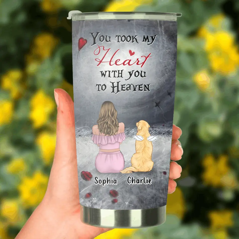 Personalized Memorial Dog Mom Tumbler - Up to 4 Dogs - Memorial Gift Idea For Dog Owner - You Took My Heart With You To Heaven