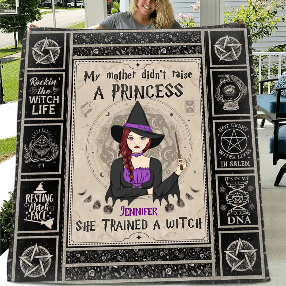 Personalized Witch Fleece Throw Blanket/Quilt - Halloween Gift Idea For Witch Lovers - My Mother Didn't Raise A Princess She Trained A Witch