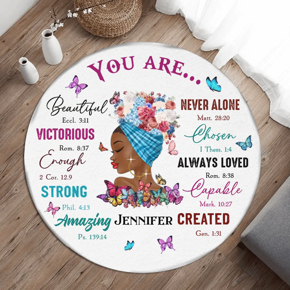 Personalized African American Girl Round Rug - Gift Idea For Birthday/Friends - You Are Beautiful, Victorious