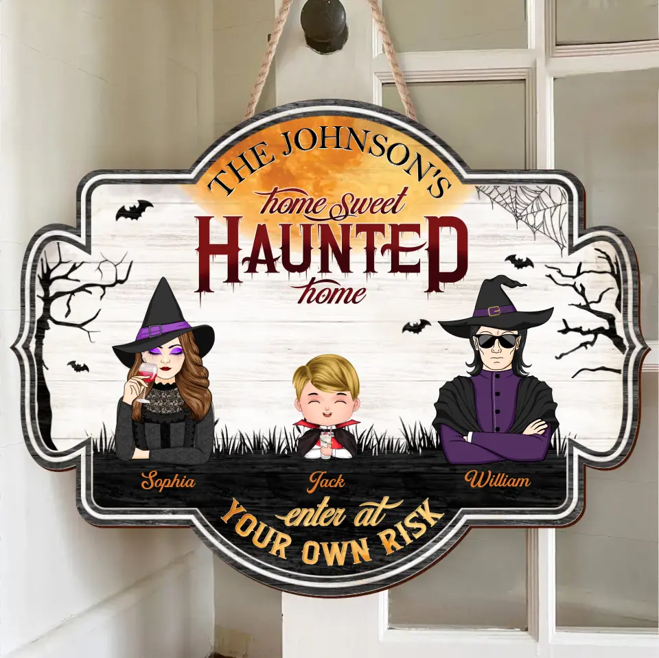 Personalized Witch Family Wooden Sign - Up to 4 Kids - Halloween Gift Idea for Family - Home Sweet Haunted Home