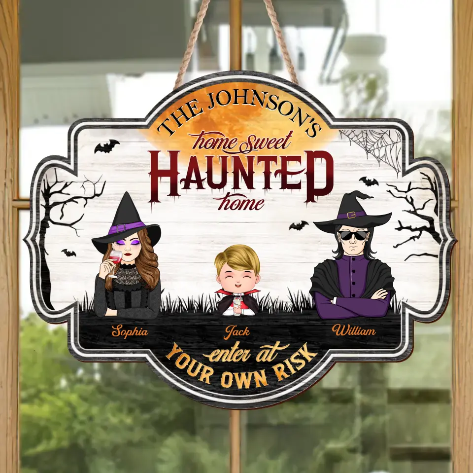 Personalized Witch Family Wooden Sign - Up to 4 Kids - Halloween Gift Idea for Family - Home Sweet Haunted Home