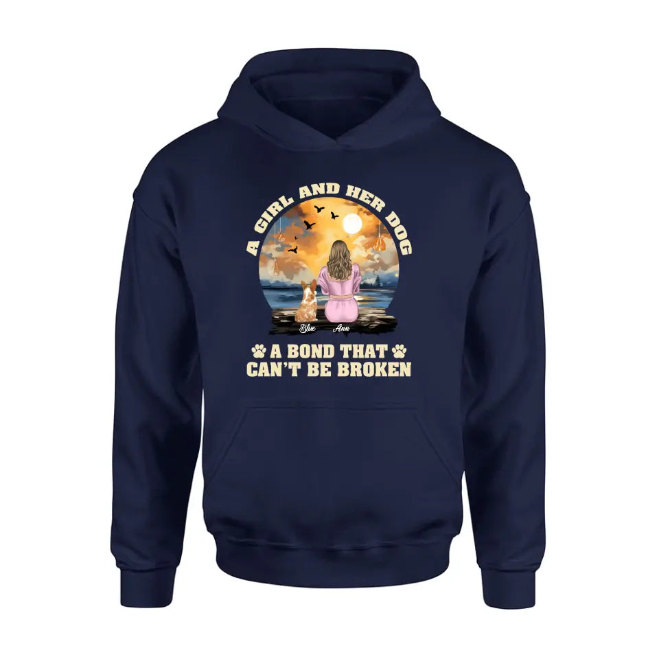 Personalized Dog Mom Shirt/Hoodie - Gift Idea for Dog Lover - Up to 4 Dogs -  A Girl And Her Dog A Bond That Can't Be Broken
