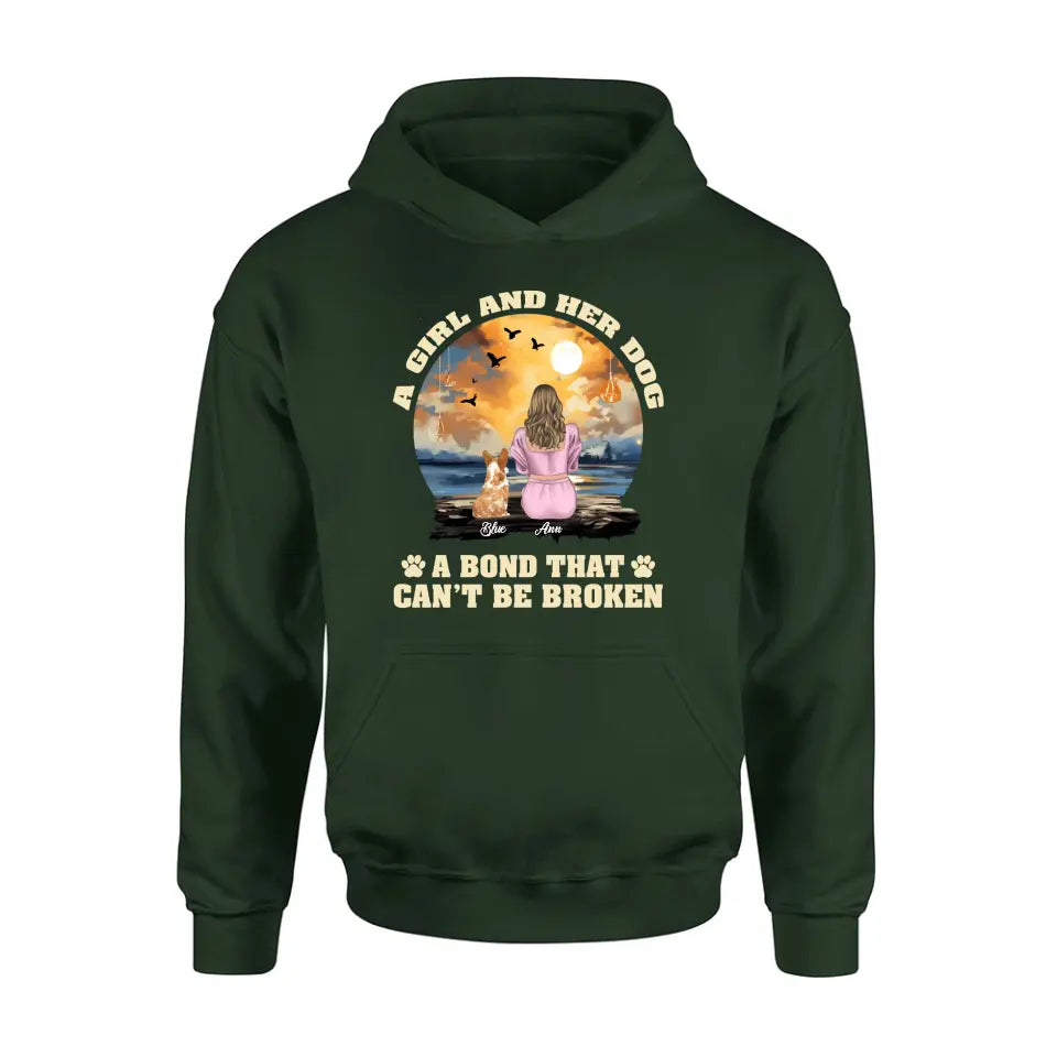 Personalized Dog Mom Shirt/Hoodie - Gift Idea for Dog Lover - Up to 4 Dogs -  A Girl And Her Dog A Bond That Can't Be Broken