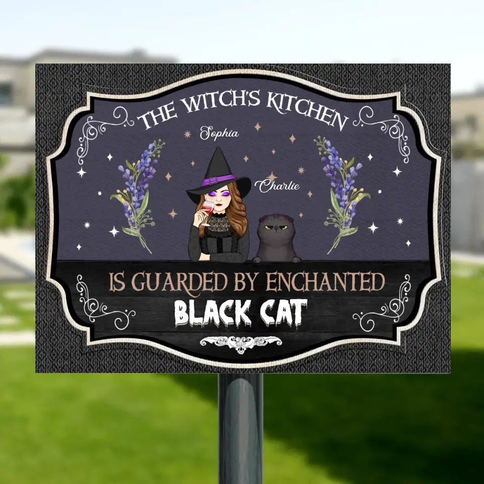 Personalized Witch Metal Sign - Halloween Gift Idea for Cat Lovers - The Witch's Kitchen Is Guarded By Enchanted Black Cat