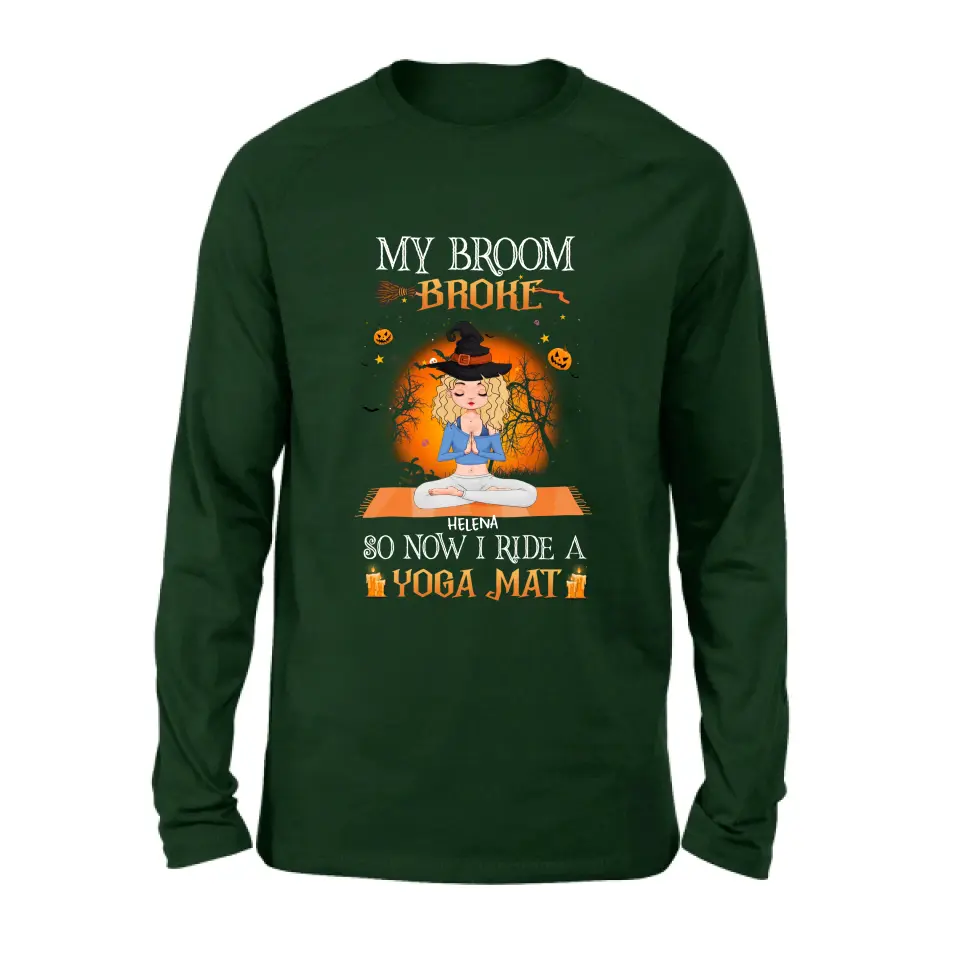 Personalized Witch Yoga Girl Shirt/Hoodie - Gift Idea For Witch Lover/Halloween - My Broom Broke So Now I Ride A Yoga Mat