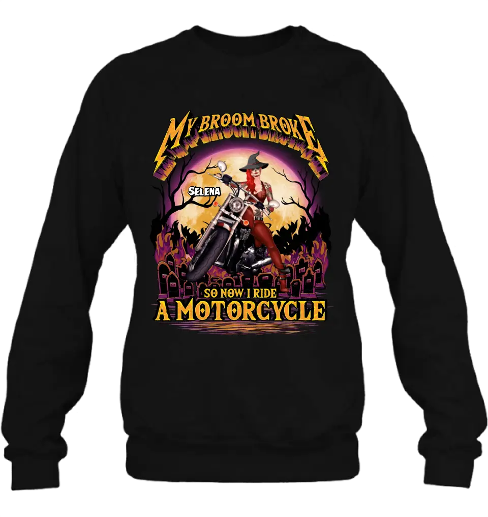Personalized Witch Biker Shirt/Hoodie - Up to 4 Dogs/Cats - Halloween Gift Idea For Bikers - My Broom Broke So Now I Ride A Motorcycle