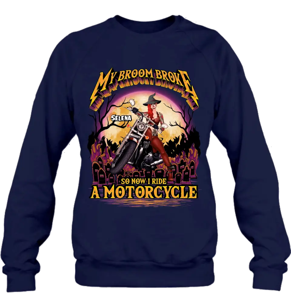 Personalized Witch Biker Shirt/Hoodie - Up to 4 Dogs/Cats - Halloween Gift Idea For Bikers - My Broom Broke So Now I Ride A Motorcycle