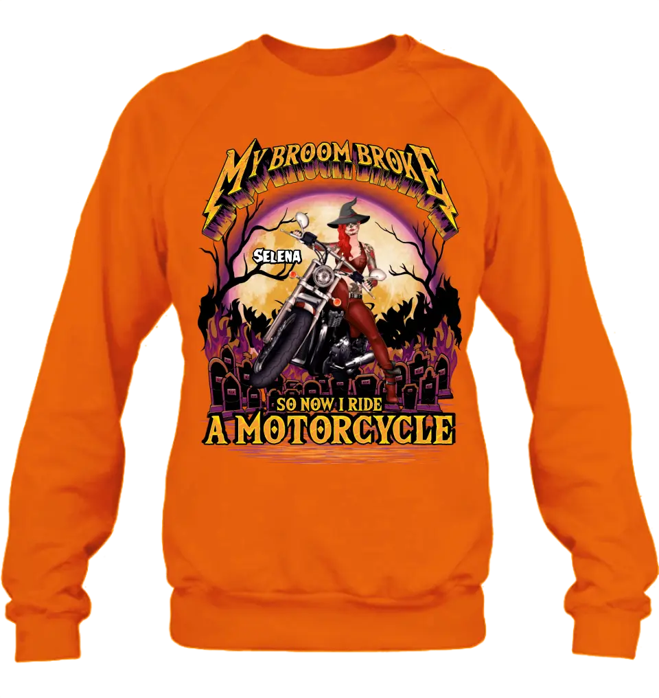 Personalized Witch Biker Shirt/Hoodie - Up to 4 Dogs/Cats - Halloween Gift Idea For Bikers - My Broom Broke So Now I Ride A Motorcycle