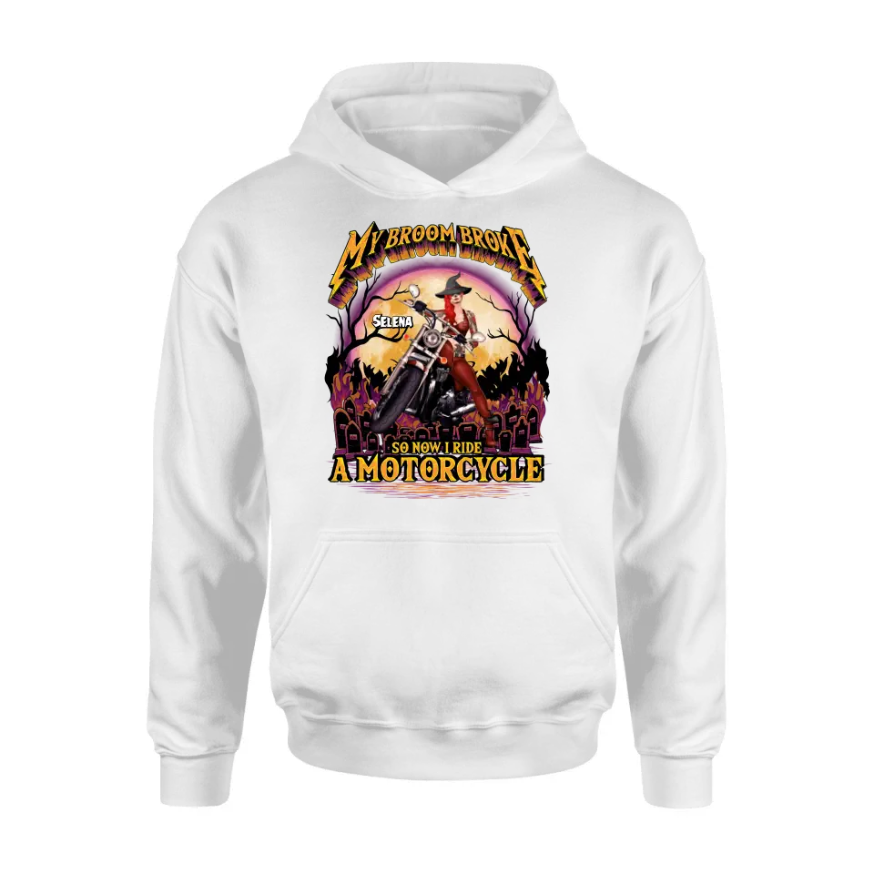 Personalized Witch Biker Shirt/Hoodie - Up to 4 Dogs/Cats - Halloween Gift Idea For Bikers - My Broom Broke So Now I Ride A Motorcycle