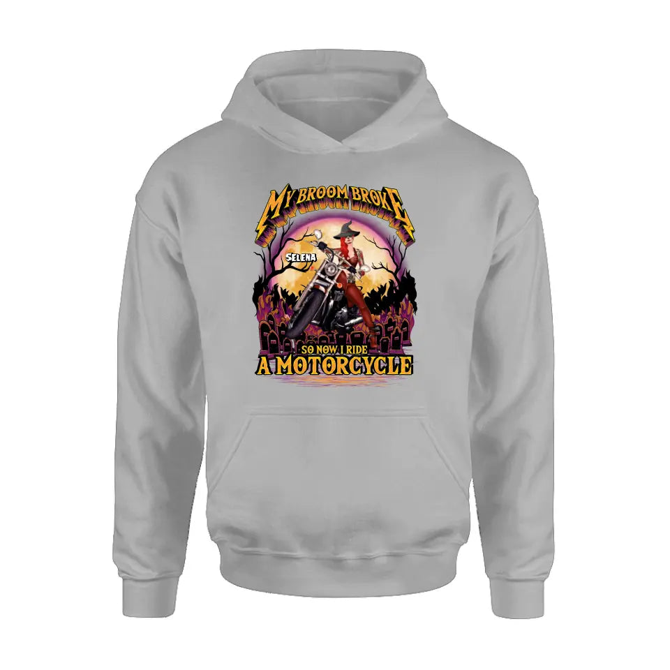 Personalized Witch Biker Shirt/Hoodie - Up to 4 Dogs/Cats - Halloween Gift Idea For Bikers - My Broom Broke So Now I Ride A Motorcycle