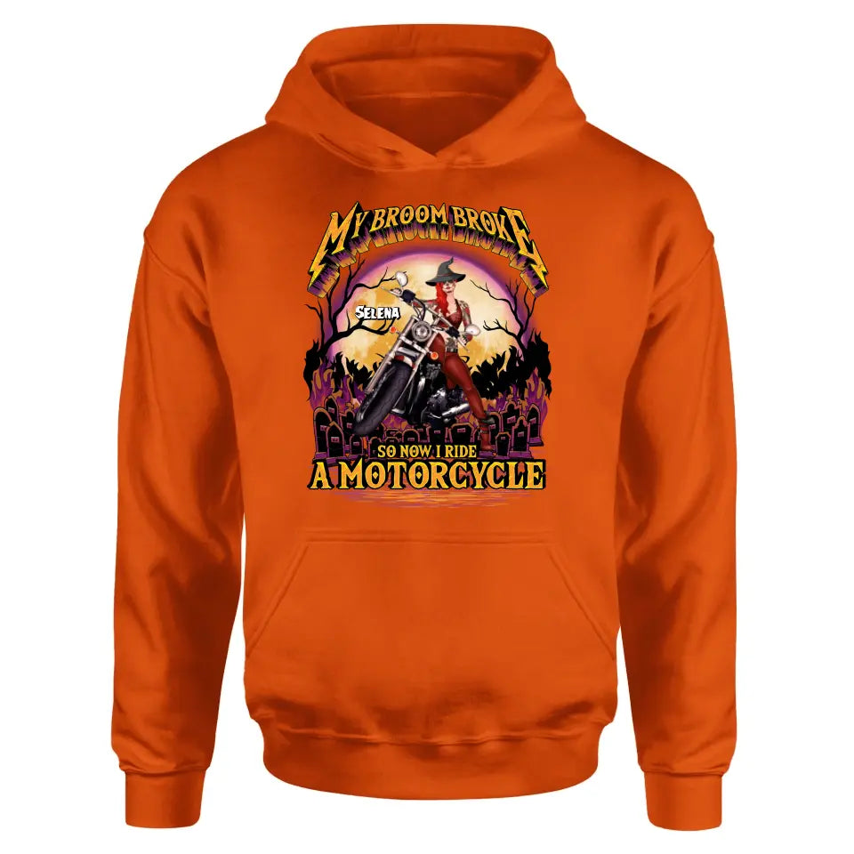Personalized Witch Biker Shirt/Hoodie - Up to 4 Dogs/Cats - Halloween Gift Idea For Bikers - My Broom Broke So Now I Ride A Motorcycle
